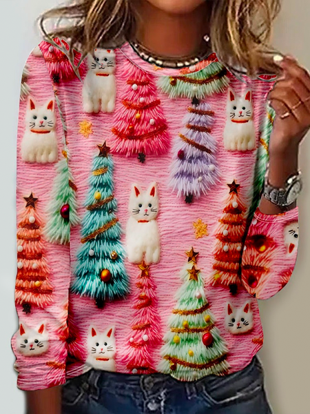 Pink Funny Cat Regular Fit Crew Neck Casual Long Sleeve Shirt, Long sleeves, Lilicloth.com