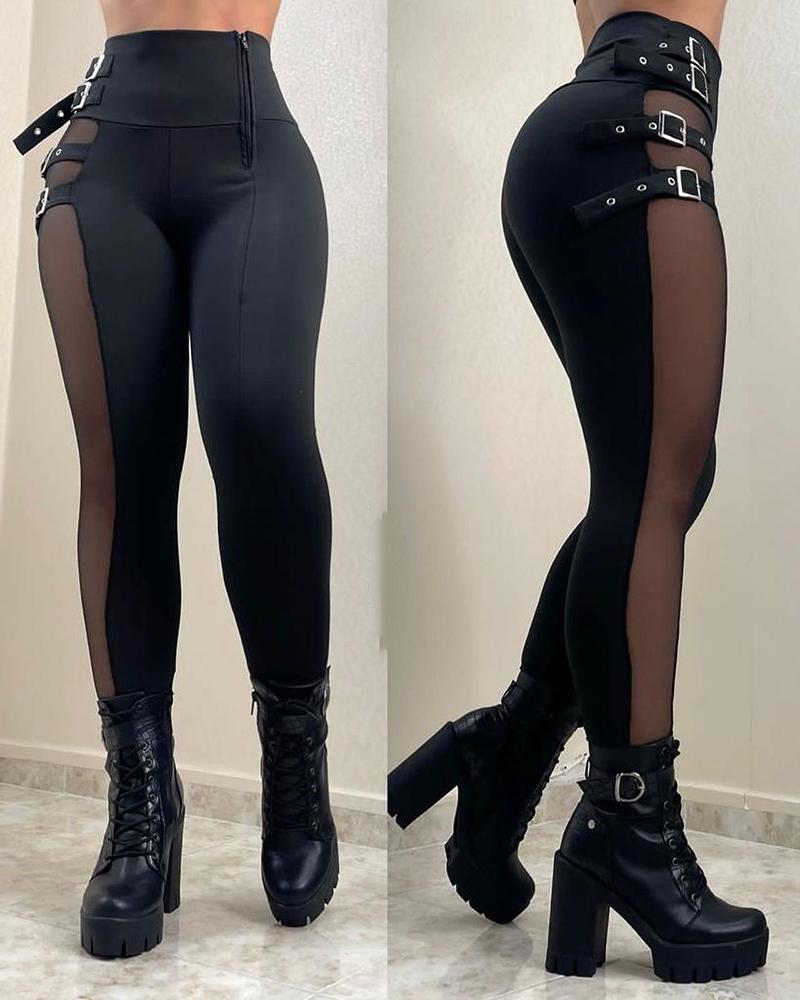 Mesh Patch Buckled High Waist Pants, Pants, chicme - Women's Fashion Online