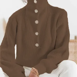 Daily Causal  Plain Buttoned Sweater, Pullovers, color:Khaki|size:XXL, Stylewe