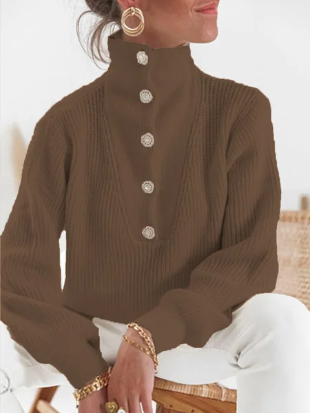 Daily Causal Plain Buttoned Sweater, Pullovers, color:Khaki|size:XXL, Stylewe