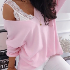 Plain Casual V-neck Sweater, Sweaters, color:Pink|size:XXL, Noracora