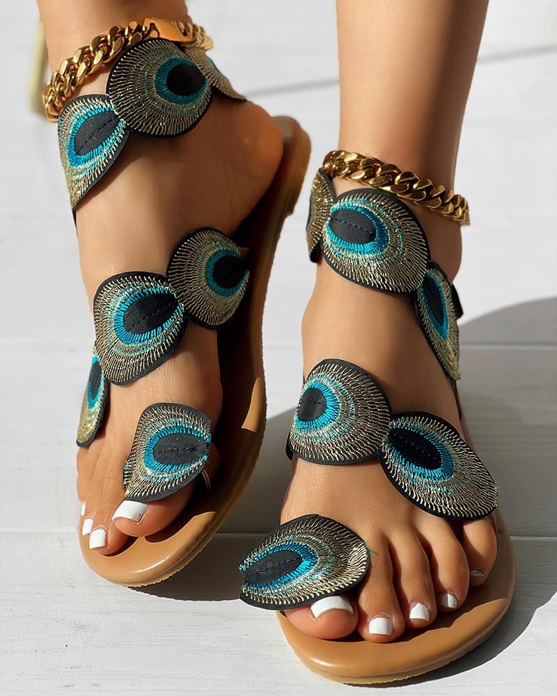 Peacock Tail Pattern Toe Post Sandals, Flats-Sandals, chicme - Women's Fashion Online