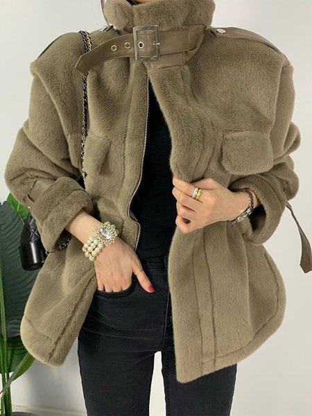 Urban Stand Collar Plain Long Sleeve Teddy Jacket, Teddy Jackets, color:As Picture|size:XXL, Stylewe