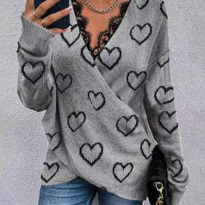 Heart Contrast Lace Long Sleeve Wrap Knit Sweater, Sweaters & Cardigans, chicme - Women's Fashion Online