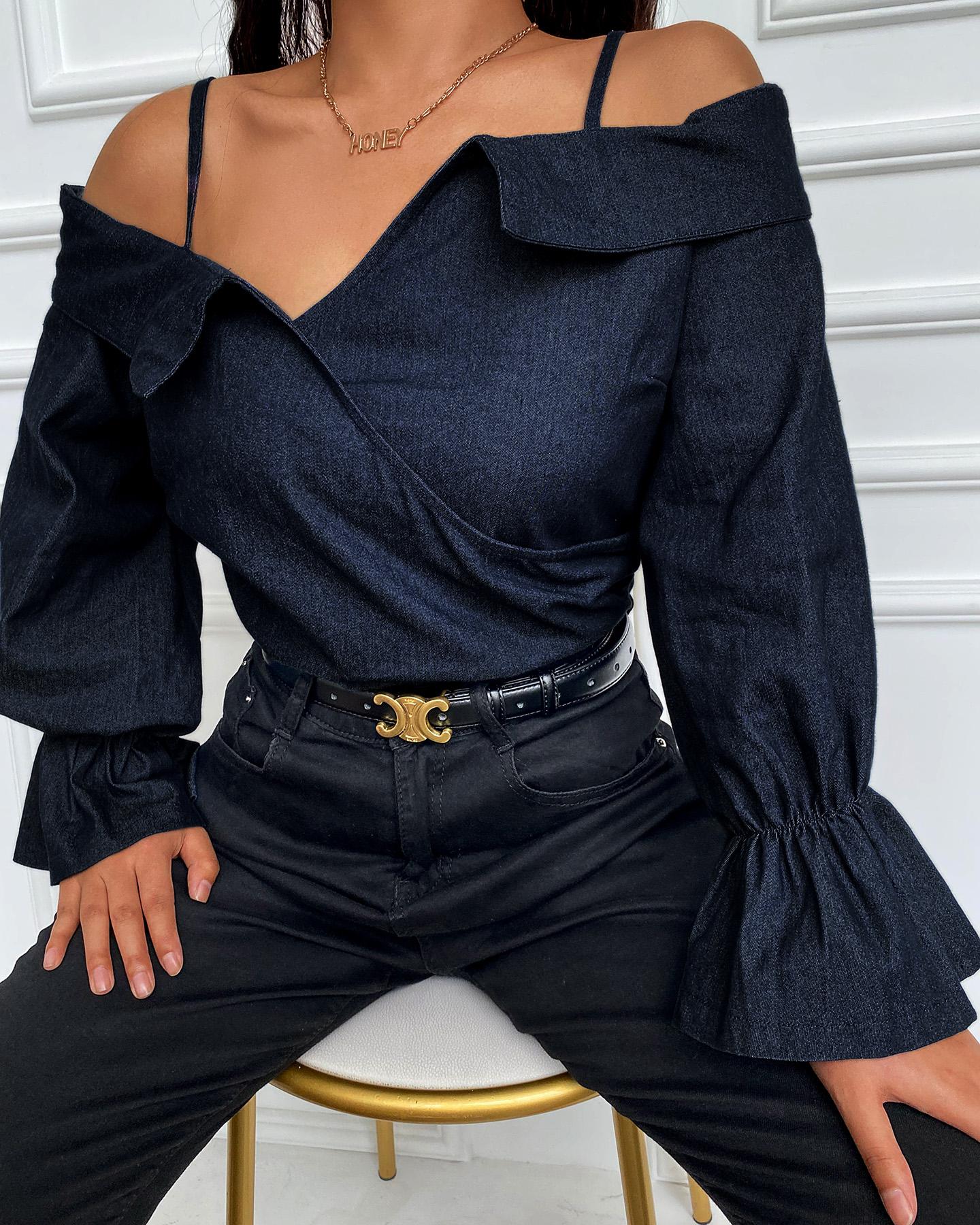 Cold Shoulder Notch Neck Flared Sleeve Top, Blouses & Shirts, chicme - Women's Fashion Online
