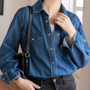 Shirt Collar Long Sleeve Plain Regular Loose Blouse For Women, Blouses, color:Blue|size:XL, Noracora