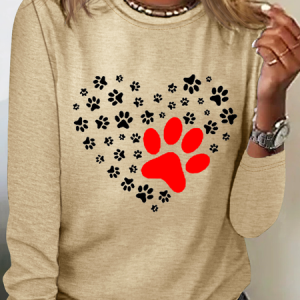 Funny Dog Crew Neck Simple Heart Cotton-Blend Long Sleeve Shirt, Long sleeves, Lilicloth.com