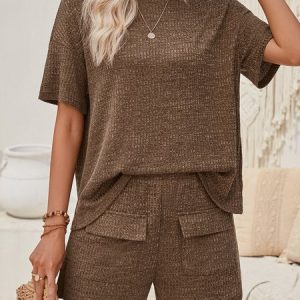 Women Plain Shirt Collar Long Sleeve Comfy Casual Top With Pants Two-Piece Set, Sets, color:Coffee|size:XL, Noracora