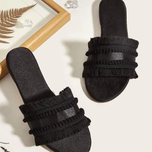 Elegant Furry Ball Fringe Satin Flat Slide Sandals, Slippers, color:Black|size:42, Stylewe