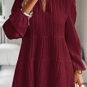 Notched Long Sleeve Plain Regular Loose Shirt For Women, Blouses, color:Wine Red|size:XL, Noracora