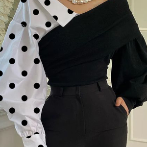 Medium Elasticity Urban Asymmetrical Long Sleeve Color Block Blouse, Blouses and Shirts, color:Black-white|size:XXL, Stylewe