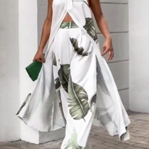 Women Leaf Cold Shoulder Sleeveless Comfy Casual Top With Pants Two-Piece Set, Sets, color:White|size:3XL, Noracora