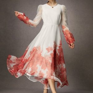 Elegant Loose Crew Neck Floral Dress, Maxi Dresses, color:As Picture|size:XXL, Stylewe