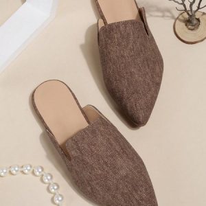 Women Minimalist Flat Heel Canvas Mules, Flats, color:Brown|size:43, Stylewe