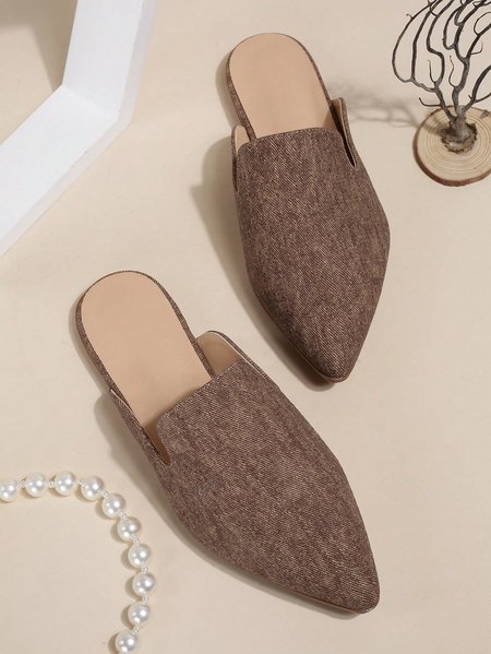 Women Minimalist Flat Heel Canvas Mules, Flats, color:Brown|size:43, Stylewe