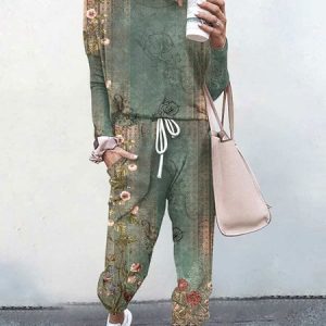 Women Ethnic Crew Neck Long Sleeve Comfy Casual Top With Pants Two-Piece Set, Sets, color:Green|size:3XL, Noracora