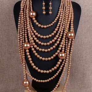 Elegant Jewelry Set Faux Pearl Handmade Beaded Multilayer Necklace And Earrings, Necklaces, color:Brown|size:One-size, Stylewe