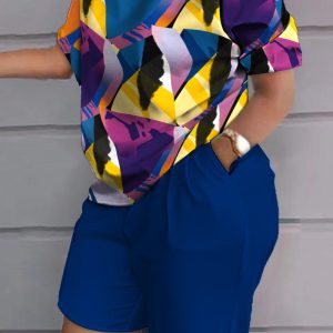 Plus Size Abstract Geometric Print Top & Pocket Design Shorts Set, Two Piece Sets(plus), chicme - Women's Fashion Online
