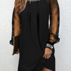 Glitter Rhinestone Decor Mesh Patch Casual Dress, Casual Dresses, chicme - Women's Fashion Online