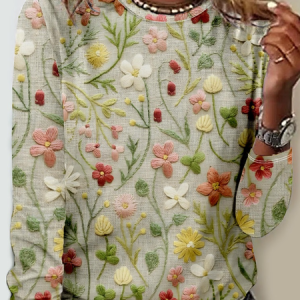 Crew Neck Long Sleeve Floral Regular Micro-Elasticity Regular Fit Blouse For Women, Blouses, color:As Picture|size:5XL, catalog Noracora shop