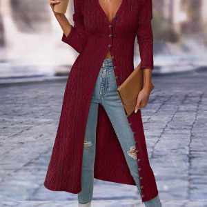 Buttoned Cable Textured Longline Top, Blouses & Shirts, chicme - Women's Fashion Online