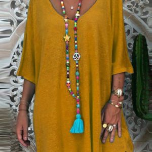 Round Neck Casual Half Sleeve  Solid Knitting Dress, Short, color:Yellow|size:3XL, catalog Noracora shop