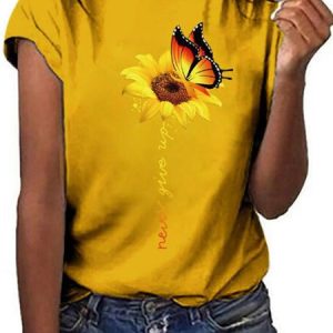 Women's Butterfly Sunflower Graphic Round Neck T-shirt, T-shirts, Lilicloth.com