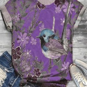 Cotton-Blend Vintage Crew Neck T-shirt, T-shirts, color:Purple|size:3XL, Noracora