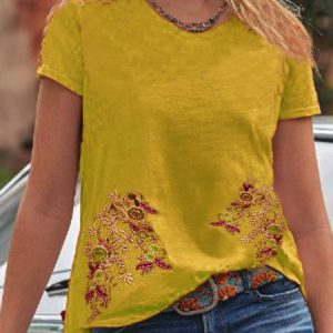 Casual Crew Neck T-shirt, T-shirts, color:Yellow|size:3XL, catalog Noracora shop