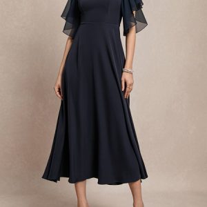 V Neck Regular Fit Ruffled Sleeves Elegant Plain Dress, Dresses, color:Dark Blue|size:XXL, JustFashionNow