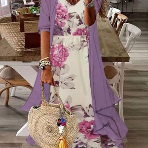 Two Piece Long Sleeve Casual V-neck Floral Printed Maxi Dress, Maxi Dresses, Roselinlin - Online Catalog