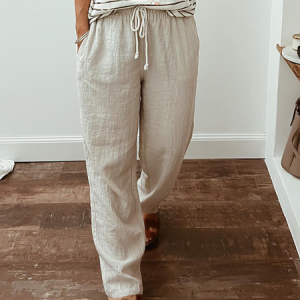 JFN Cotton & Linen Casual Loose Plain Pants, Pants, color:Khaki|size:XXL, JustFashionNow