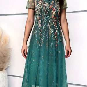 Floral Elegant Chiffon V Neck Dress, Dresses, color:Green|size:XXL, JustFashionNow