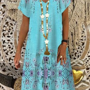 Casual Floral V Neck Short Sleeve Woven Dress, Dresses, color:Blue|size:XXL, JustFashionNow