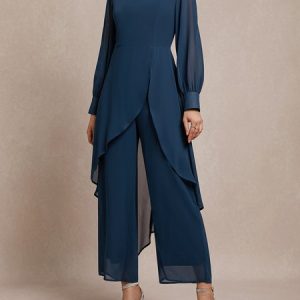 Loose Elegant Chiffon Crew Neck Jumpsuit, Jumpsuitsпј†Rompers, color:Navy Blue|size:XXL, JustFashionNow