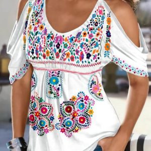 Floral Printed Casual Crew Neck Short sleeve tops, Shirts & Blouses, color:White|size:3XL, JustFashionNow