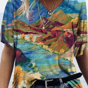 Vintage Art Classic V Neck Painted Vacation Short Sleeve T-Shirt, T-Shirts, color:Multicolor|size:XXL, JustFashionNow