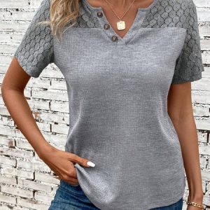 Lace Casual Notched Loose Shirt, Shirts & Blouses, color:Gray|size:XXL, JustFashionNow