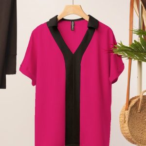 Loose Plain Simple Shirt, Shirts & Blouses, color:Rose Red|size:XXL, JustFashionNow