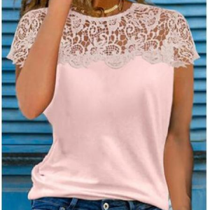 JFN Round Neck Solid Lace Casual T-Shirt/Tee, T-Shirts, color:Pink|size:3XL, JustFashionNow