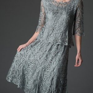 Lace Elegant Crew Neck Plain Two-Piece Set, Suit Set, color:Blue|size:XXL, JustFashionNow