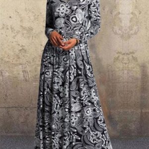 Casual and simple floral print round neck long sleeve polyester maxi dress, Dresses, color:Black-white|size:3XL, JustFashionNow