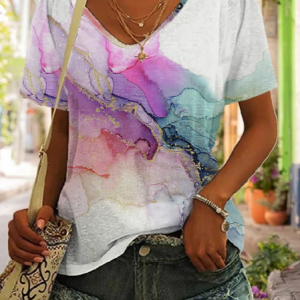 Casual Gradient Pattern V Neck Short Sleeve T-shirt, T-shirts, color:White|size:XXL, catalog Noracora shop
