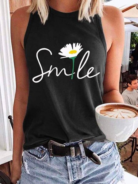 JFN Crew Neck Floral LettersCasual Top, Tanks & Camis, color:Black|size:XXL, JustFashionNow