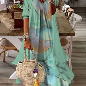 JFN 2PCS V Neck Gradient Vacation Sleeveless Dress with Cardigan, Casual Dresses, color:Cyan|size:XXL, JustFashionNow