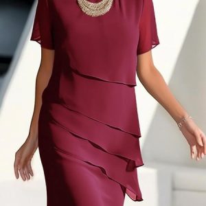 Elegant Plain Crew Neck Regular Fit Wedding Dress & Party Dress, JustFashionNow Formal Dresses, color:Wine Red|size:3XL,