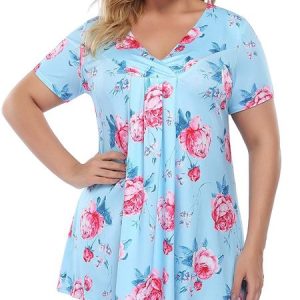 Women Plus Size L-6XL Pleated Henley Tops Floral V-Neck Loose Blouse Casual Tunic Shirt, Shirts & Blouses, color:Blue|size:6XL, JustFashionNow