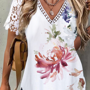 Vacation V Neck Floral Loose Blouse, Shirts & Blouses, color:White|size:XXL, JustFashionNow