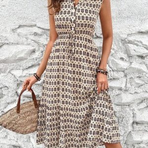 Casual Loose V Neck Geometric Dress, Dresses, color:Khaki|size:XXL, JustFashionNow