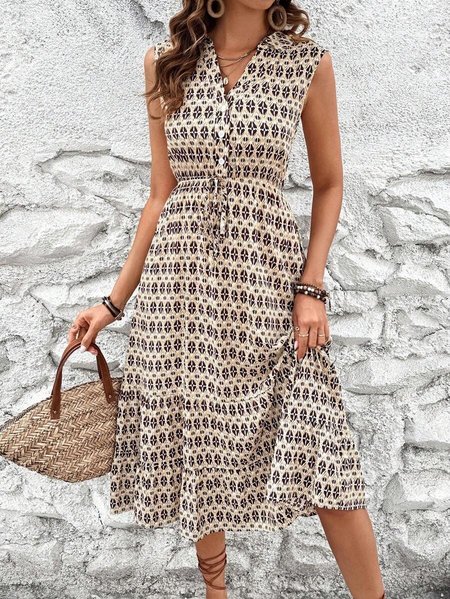 Casual Loose V Neck Geometric Dress, Dresses, color:Khaki|size:XXL, JustFashionNow